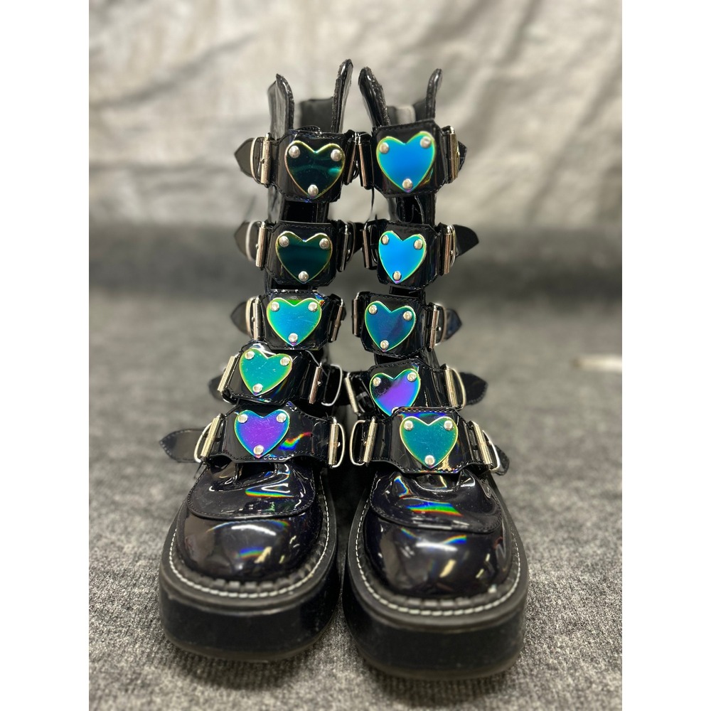 Demonia Emily-330 Black Patent Holographic Heart Buckle Platform Boots Womens 7
